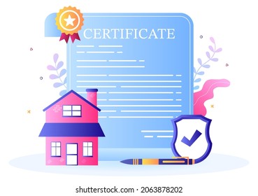 Property Certificate for Real Estate Contract, Building Maintenance and House Purchase Agreement Deal with Seal Stamp or License. Background Vector Illustration