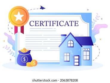 Property Certificate for Real Estate Contract, Building Maintenance and House Purchase Agreement Deal with Seal Stamp or License. Background Vector Illustration