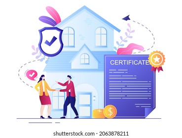 Property Certificate for Real Estate Contract, Building Maintenance and House Purchase Agreement Deal with Seal Stamp or License. Background Vector Illustration