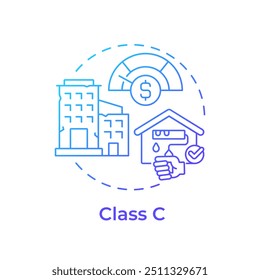 Ícone de conceito de gradiente azul da classe de propriedade C. Edifícios mais antigos. Necessidade de renovação e atualização. Casa de baixo custo. Ilustração de linha de forma redonda. Ideia abstrata. Design gráfico. Fácil de usar no folheto