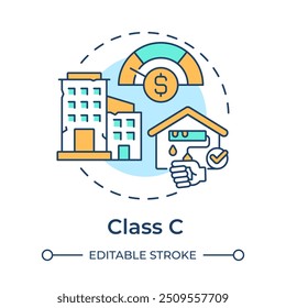 Property class C multi color concept icon. Older buildings. Need renovation and upgrade. Low cost house. Round shape line illustration. Abstract idea. Graphic design. Easy to use in brochure