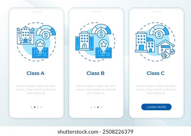 Clases de propiedad pantalla azul del App móvil de incorporación. Instrucciones gráficas editables de 3 pasos con conceptos lineales. PLANTILLA UI, UX, GUI