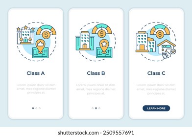 Clases de propiedad incorporando la pantalla del App móvil. Instrucciones gráficas editables de 3 pasos con conceptos lineales. PLANTILLA UI, UX, GUI