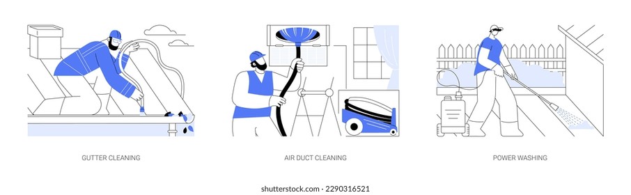 Property cleaning services abstract concept vector illustration set. Gutter and air duct cleaning, power washing, mold removal, private house maintenance, household chores abstract metaphor.