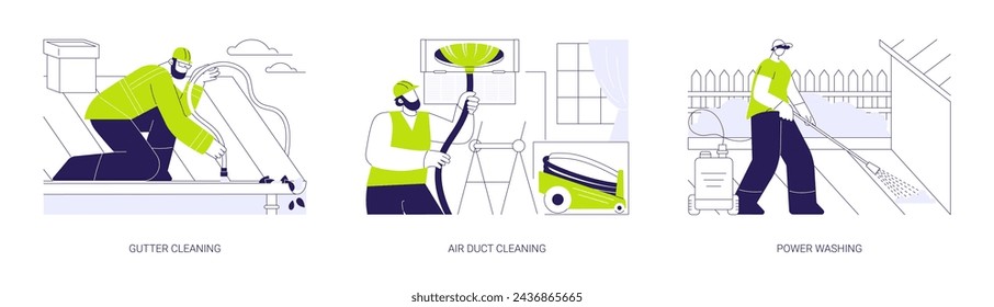 Property cleaning services abstract concept vector illustration set. Gutter and air duct cleaning, power washing, mold removal, private house maintenance, household chores abstract metaphor.