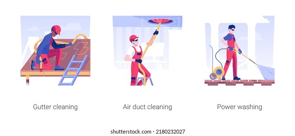 Property cleaning services isolated concept vector illustration set. Gutter and air duct cleaning, power washing, mold removal, private house maintenance, household chores vector cartoon.