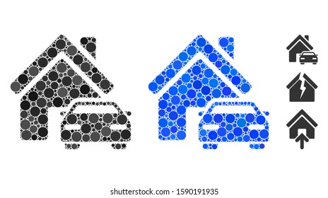 Property composition of filled circles in various sizes and color hues, based on property icon. Vector filled circles are united into blue composition. Dotted property icon in usual and blue versions.