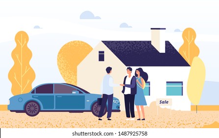 Property concept. Happy young couple buys a house. Vector real estate agent, male and female characters