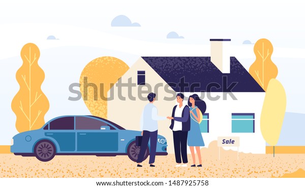 Property concept. Happy young\
couple buys a house. Vector real estate agent, male and female\
characters