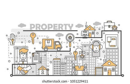 Property concept vector illustration. Modern thin line art flat style design element with house property symbols, icons for website banners and printed materials.