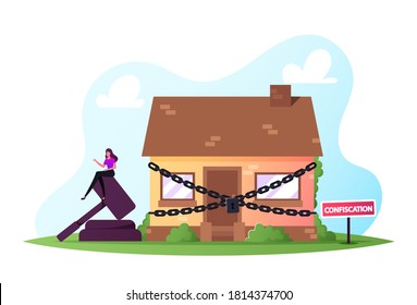 Property Confiscation, People Buying and Selling Confiscated Real Estate on Auction Concept. Tiny Female Character Sitting on Huge Judge Gavel at House Wrapped with Chain. Cartoon Vector Illustration