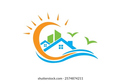 property Construction  design house and home up on the sun and bird vector logo