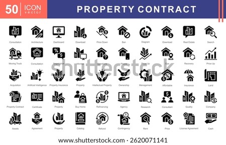 Property Contract icon collection set. Containing buildings, housing, residential, consultation, negotiation, management, rent, license agreement, property insurance, partnership, Acquisition icon.