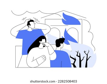 Property damage abstract concept vector illustration. Group of people watching the house burn, wildfire disease, ecology industry, environmental problem, climate change abstract metaphor.