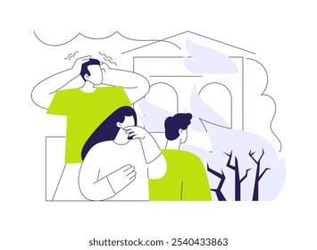 Ilustração de vetor de conceito abstrato de dano de propriedade. Grupo de pessoas observando a casa queimar, doenças dos incêndios, indústria da ecologia, problema ambiental, mudança climática metáfora abstrata.