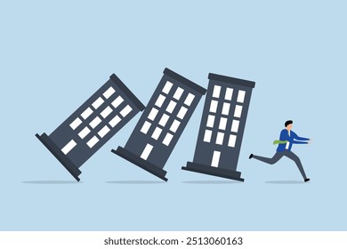 property debt crisis causing domino effect, Anxious business investor flees from falling housing market chain reaction.