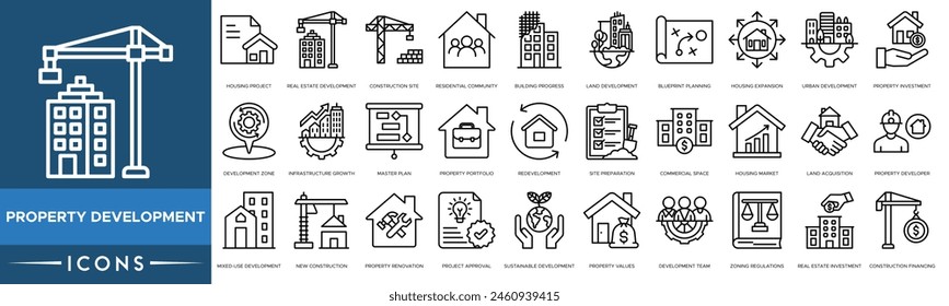 Symbol für Eigenschaftsentwicklung. Wohnprojekt, Immobilienentwicklung, Baustelle, Wohngemeinde, Baufortschritt, Landentwicklung, Bauplanung, Wohnungsbau