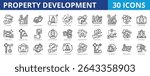 Property development icon pack collection set for real estate and commercial building. With development, marketing, growth, land, urban expansion, housing project, investment, site planning, design