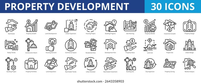 Property development icon pack collection set for real estate and commercial building. With development, marketing, growth, land, urban expansion, housing project, investment, site planning, design