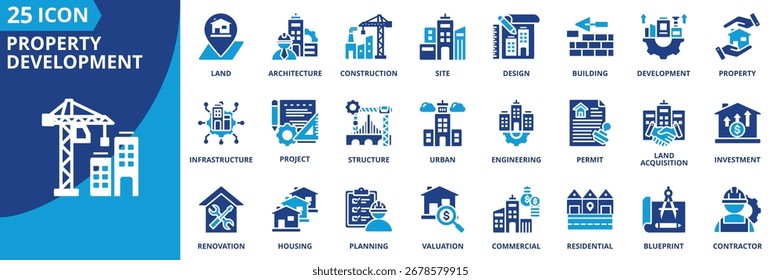 Ícone de desenvolvimento de propriedade define a coleção em estilo simples. O pacote de ícones contém construção, construção, arquitetura, design, terra, local, licença, projeto, engenharia, investimento, infraestrutura