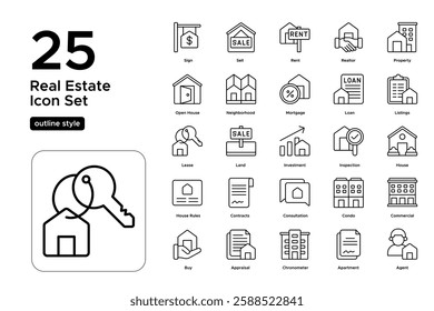 Property Development and Real Estate Growth. Housing Projects, Urban Planning, and Investment. Vector Illustration. Outline icon set