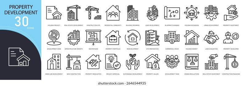 Property development related icon collections. Containing land, building, blueprint, permit, planning, site, real estate, investment, design, and project icons. Outline icons.