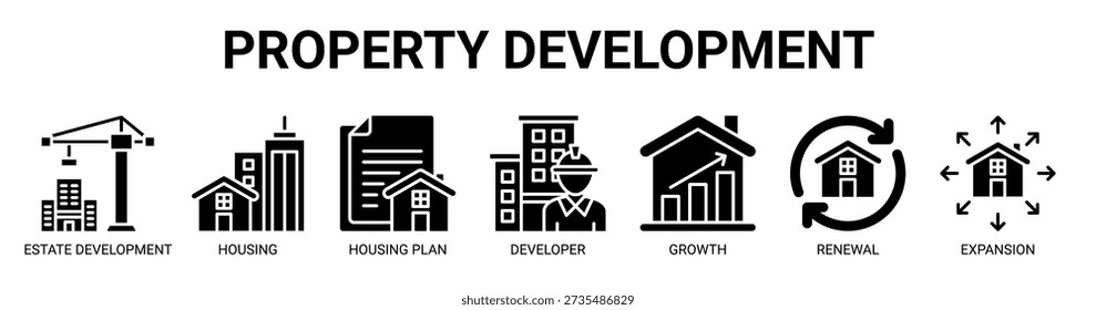 Property Development web banner icon vector illustration concept with icon of estate development, housing, housing plan, developer, property growth, renewal, and expansion.