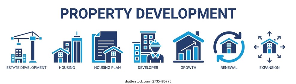 Immobilien-Entwicklung Web-Banner Symbol Vektorgrafik-Konzept mit Symbol der Immobilienentwicklung, Wohnen, Wohnungsplan, Bauträger, Immobilienwachstum, Erneuerung und Erweiterung.