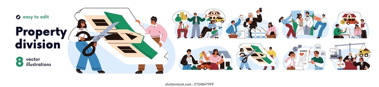 Conjunto de conceitos de divisão de propriedade. Casal divorciado tem imóveis, conflito de negócios, divide casa, dinheiro. Advogado, tribunal para acordo em discussão. Ilustração de vetor plano isolada no plano de fundo branco