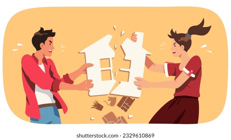 Property division conflict after couple divorce. Angry husband man, wife woman family persons fighting for house. Real estate separation disagreement problem concept flat vector illustration