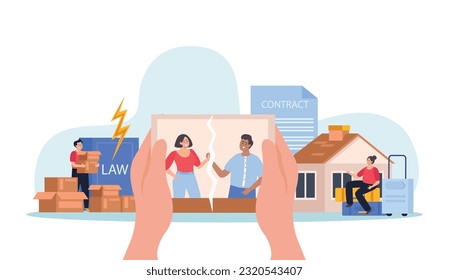 Property division dissolution of marriage contract flat concept with human hands holding torn photo of divorced couple vector illustration