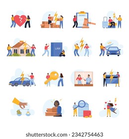 Property division in divorce flat icons set with characters of divorced spouses isolated vector illustration