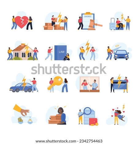 Property division in divorce flat icons set with characters of divorced spouses isolated vector illustration