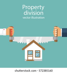 Property division. End of marriage. Man and a woman holding a saw in hand cut house. The symbol of the dissolution of the marriage contract. Vector illustration flat design. Isolated on background.