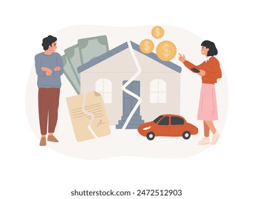 Property division isolated concept vector illustration. Divorce property agreement, division between spouses, separation process, lawyer service, legal equitable distribution vector concept.