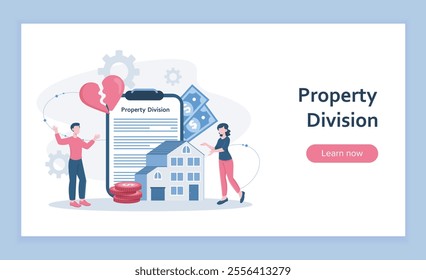 Property division landing page. Man and woman near contract and real estate. Divorced husband and wife divide property. Legal deal. Flat vector illustration isolated on blue background