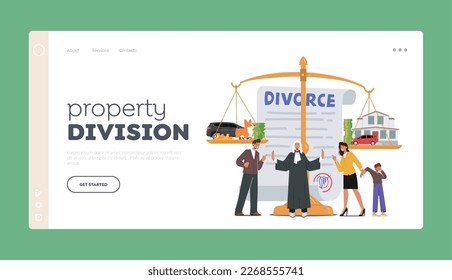 Property Division Landing Page Template. Family Conflict Concept With Husband, Wife And Kid Characters At Scales In Law Judge Courthouse During Court Hearing. Cartoon People Vector Illustration