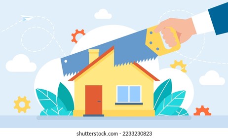 Concepto de sección o división de bienes. Hombre sosteniendo una sierra en casa cortada a mano. El símbolo de la disolución del contrato matrimonial. División de propiedades. Divide Inmobiliaria. Ilustración de vectores planos