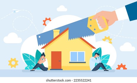 Property Division. Section Concept. Man holding a saw in hand cut house. Husband and wife are crying. Dissolution of the marriage contract. Property division. Real Estate Divide. Vector illustration 