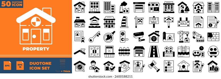 Property Duotone Editable Icons set. Vector illustration in modern thin duotone style of property icons: real estate, property, buying, renting, house, etc