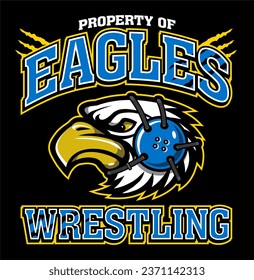 property of eagles wrestling with mascot wearing headgear for school, college or league sports