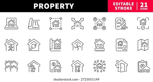 Conjunto de iconos de línea editable de la propiedad: bienes raíces, símbolos de vivienda