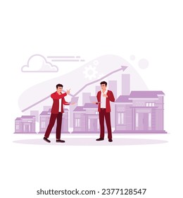 Property entrepreneurs analyze real estate developments, which continue to increase. Real Estate Investment concept. Trend Modern vector flat illustration