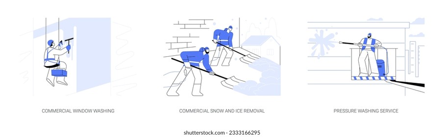 Property exterior maintenance abstract concept vector illustration set. Commercial window washing, snow and ice removal, pressure washing service, industrial alpinism abstract metaphor.