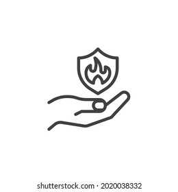 Property fire insurance line icon. linear style sign for mobile concept and web design. Hand and shield with fire outline vector icon. Symbol, logo illustration. Vector graphics