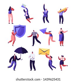 Property, Health Medical, Pr, Social Media Networking Service Set. Male and Female Characters Holding Shield, Umbrella, Paper Airplane, Photo and Envelope. Cartoon Flat Vector Illustration