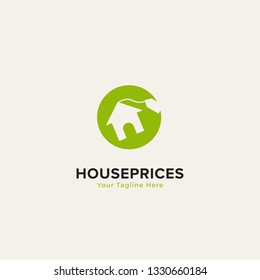 Property home house prices logo with house icon and label tag price inside green dollar round circle