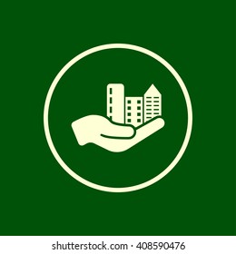 property, home insurance icon. hand and buildings vector eps10 icon
