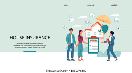 Property and home insurance website banner template with agent and young family characters. Safety and security of property and insurance guarantees. Web  landing  page interface design.