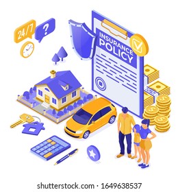 Property, House, Car, Family Insurance Isometric Concept for Poster, Web Site, Advertising with Insurance Policy on clipboard, money and shield. isolated vector illustration